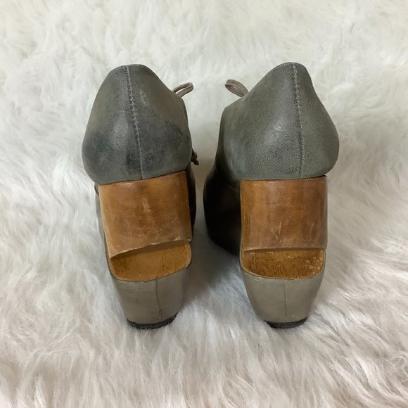 Allsaints Gray Graphite Bura Platform Oxford Wooden Wedge Heels EU 38 - Picture 3 of 9
